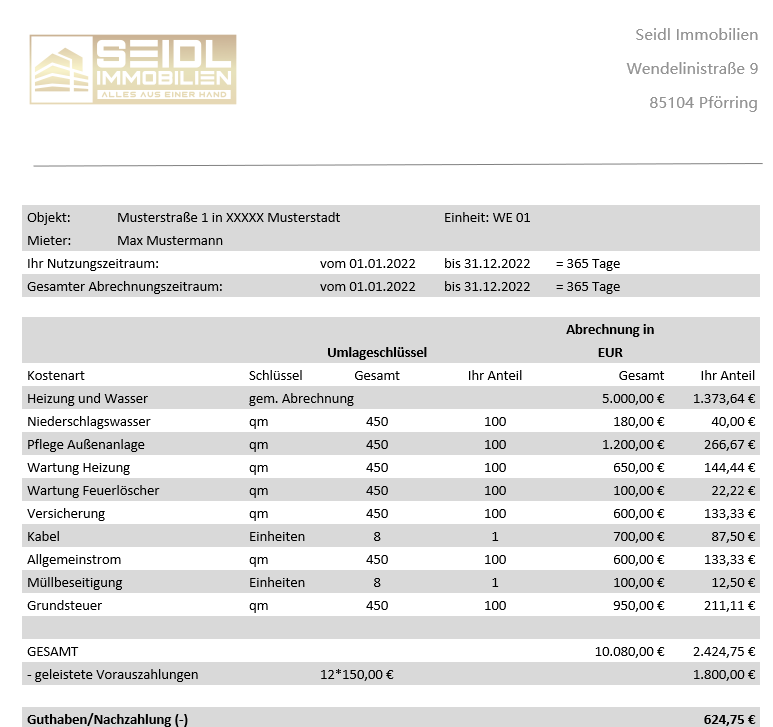 Foto Muster-Nebenkostenabrechnung
